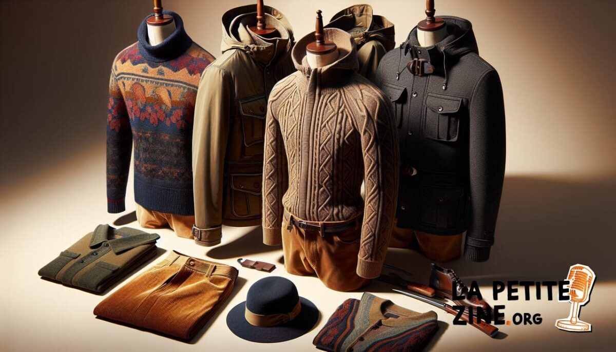 Vêtements en p : pull-over, pantalon, parka, panama hat avec détails - arrière-plan neutre, éclairage naturel.